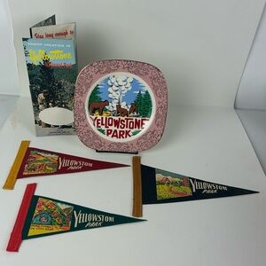VTG (Circa 1960's) Yellowstone Park Souvenir Plate, Pennants, Brochure